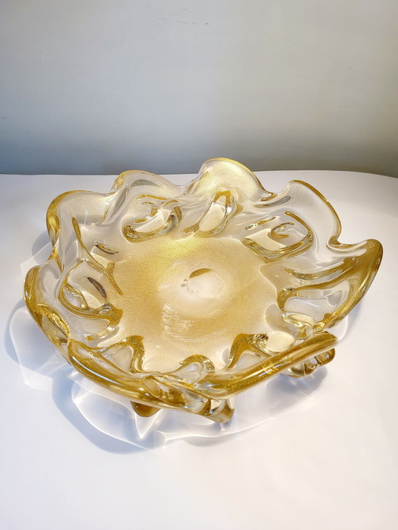 Image 1 of Murano XL center piece, "Goldoni" organic design clear murano glass with 24 carat gold leaf, Italy