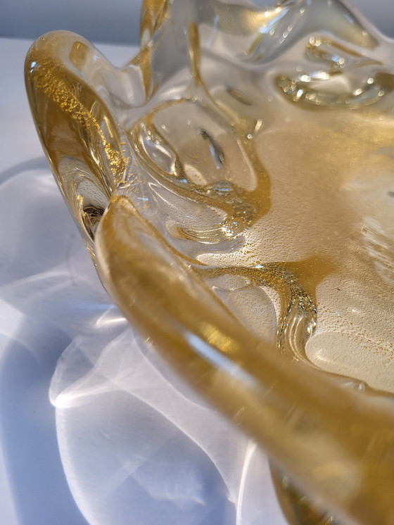 Image 1 of Murano XL center piece, "Goldoni" organic design clear murano glass with 24 carat gold leaf, Italy