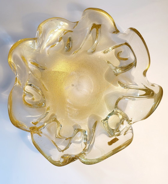 Image 1 of Murano XL center piece, "Goldoni" organic design clear murano glass with 24 carat gold leaf, Italy