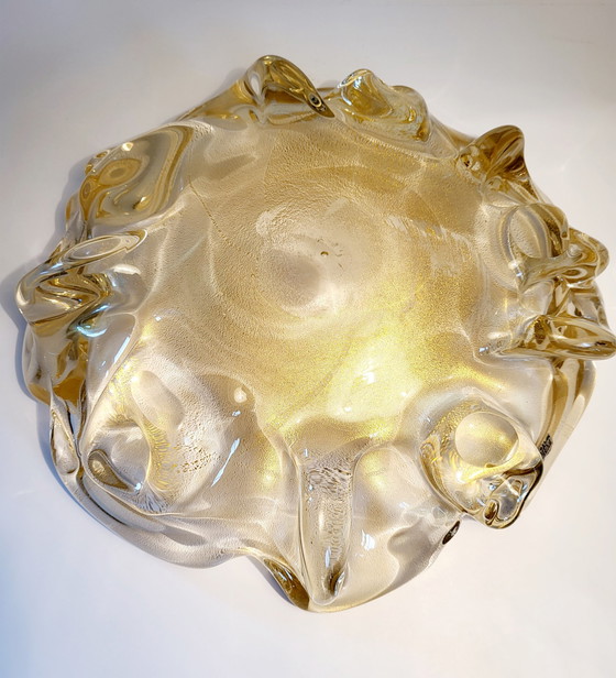 Image 1 of Murano XL center piece, "Goldoni" organic design clear murano glass with 24 carat gold leaf, Italy