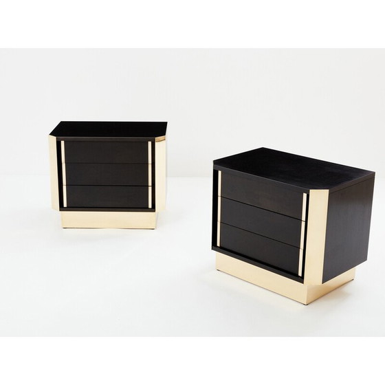 Image 1 of Pair of vintage bedside tables in black stained oak and brass, 1970