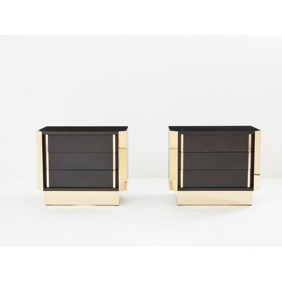 Image 1 of Pair of vintage bedside tables in black stained oak and brass, 1970