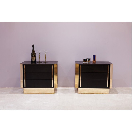 Image 1 of Pair of vintage bedside tables in black stained oak and brass, 1970