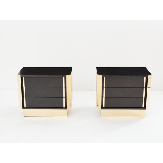 Image 1 of Pair of vintage bedside tables in black stained oak and brass, 1970