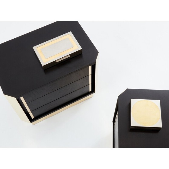 Image 1 of Pair of vintage bedside tables in black stained oak and brass, 1970