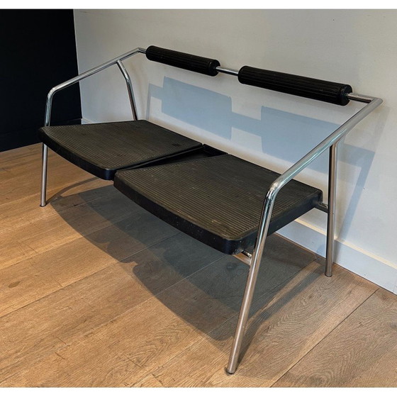 Image 1 of Vintage 2-seater sofa in chrome-plated metal and black rubber, France 1970