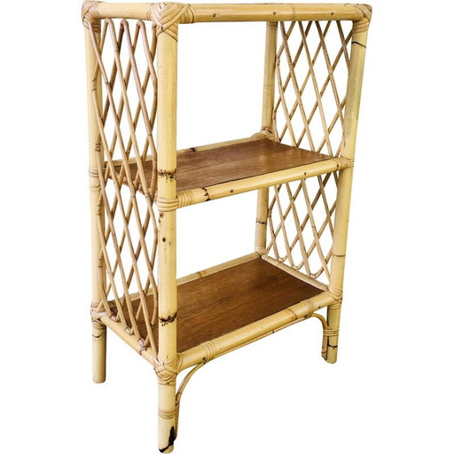 Vintage library shelf in blond wood and bamboo with 3 levels, 1970