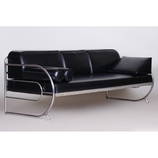 Vintage Bauhaus sofa in black leather and tubular chrome by Robert Slezák, Czechoslovakia 1930