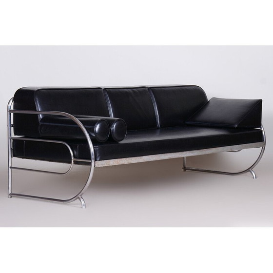 Image 1 of Vintage Bauhaus sofa in black leather and tubular chrome by Robert Slezák, Czechoslovakia 1930