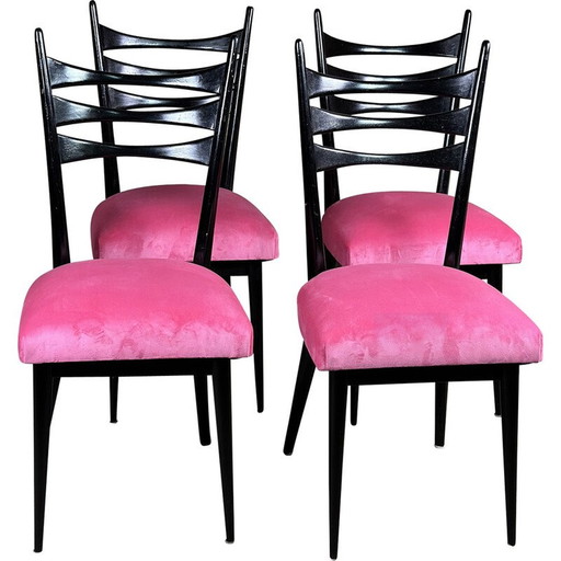 Set of 4 vintage blackened wood and pink velvet chairs, Italy 1960