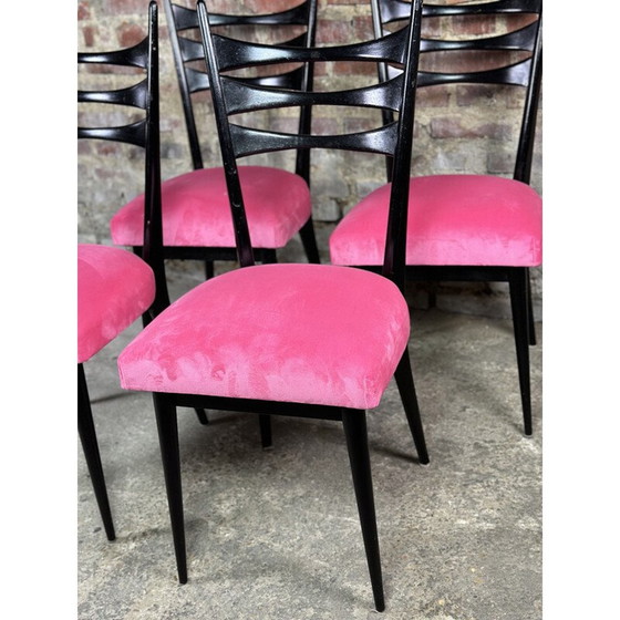 Image 1 of Set of 4 vintage blackened wood and pink velvet chairs, Italy 1960