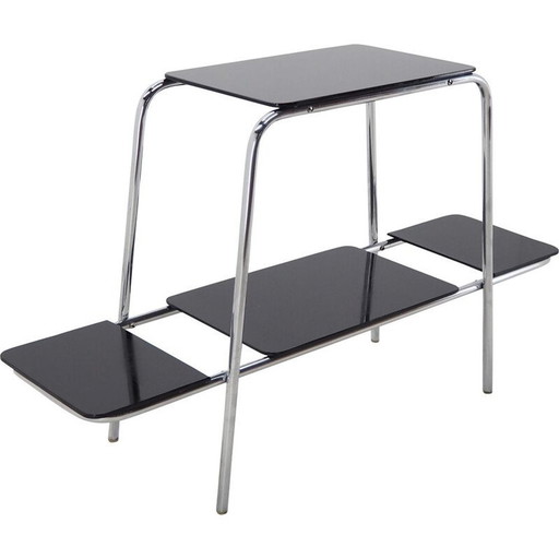 Tavolino laterale vintage Bauhaus cromato a forma di fiore, supporto, etagere, con vetro opaxite, anni '30