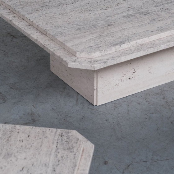 Image 1 of Tavolino da caffè vintage in travertino e 2 tavolini laterali, Belgio 1970