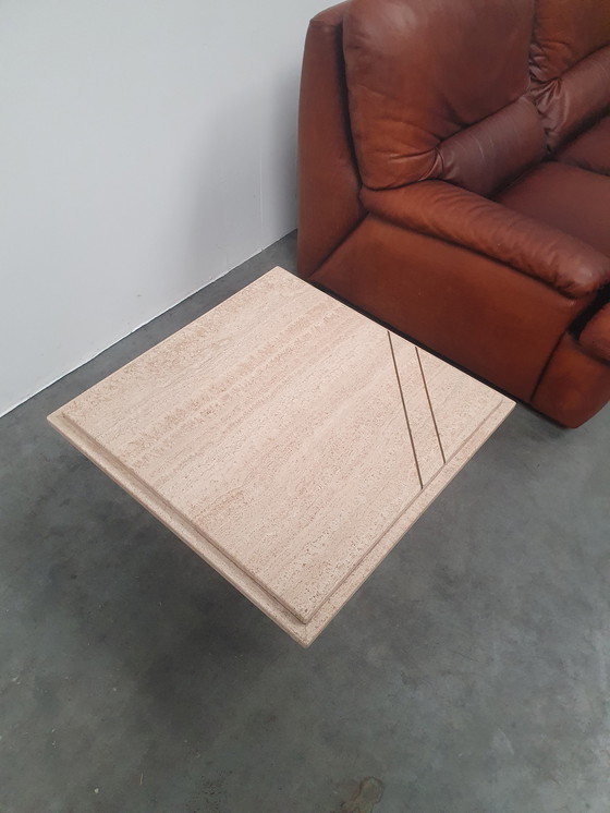 Image 1 of Set di 3 tavolini da caffè vintage in marmo travertino e ottone anni '70