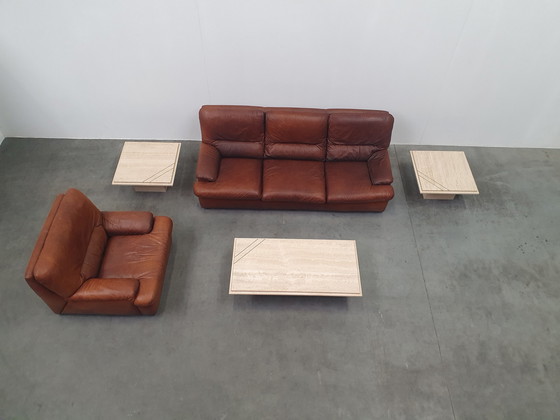 Image 1 of Set di 3 tavolini da caffè vintage in marmo travertino e ottone anni '70