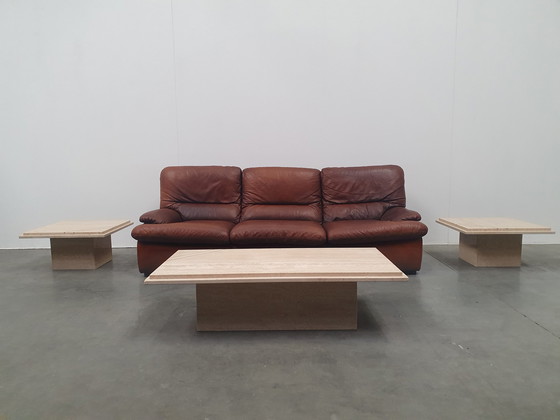 Image 1 of Set di 3 tavolini da caffè vintage in marmo travertino e ottone anni '70