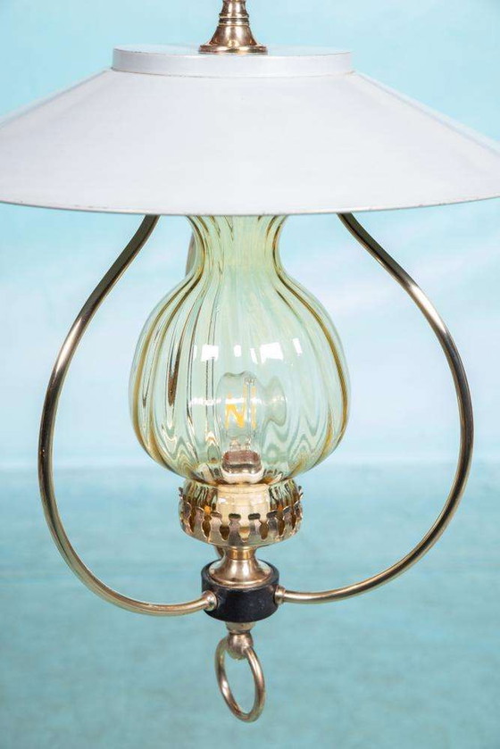 Image 1 of Vintage 1950s pendant lamp glass and brass, lantern hall lamp