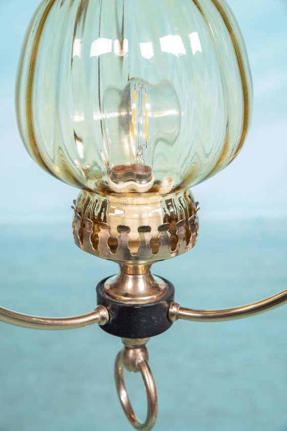 Image 1 of Vintage 1950s pendant lamp glass and brass, lantern hall lamp
