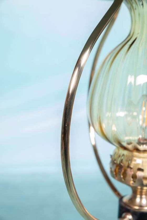 Image 1 of Vintage 1950s pendant lamp glass and brass, lantern hall lamp