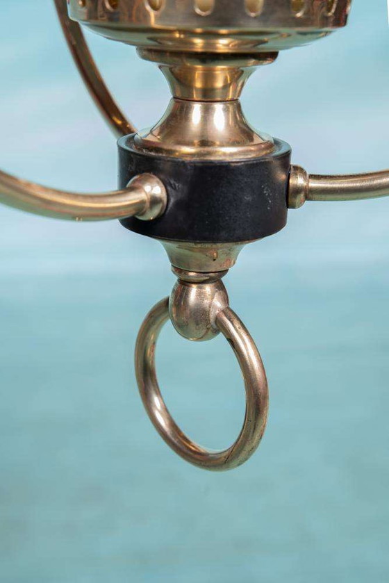 Image 1 of Vintage 1950s pendant lamp glass and brass, lantern hall lamp