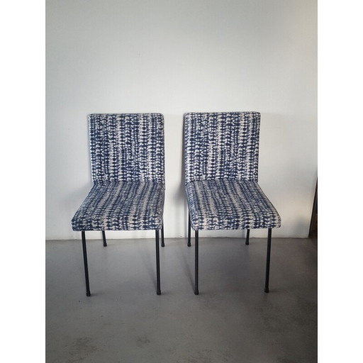 Pair of vintage chairs in metal and indigo fabric, 1950