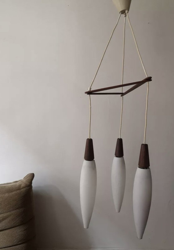 Image 1 of Louis Kalff 3-Light Pendant Opaline & Teak,