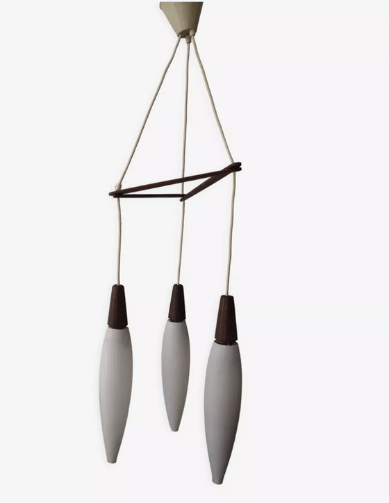 Image 1 of Louis Kalff 3-Light Pendant Opaline & Teak,