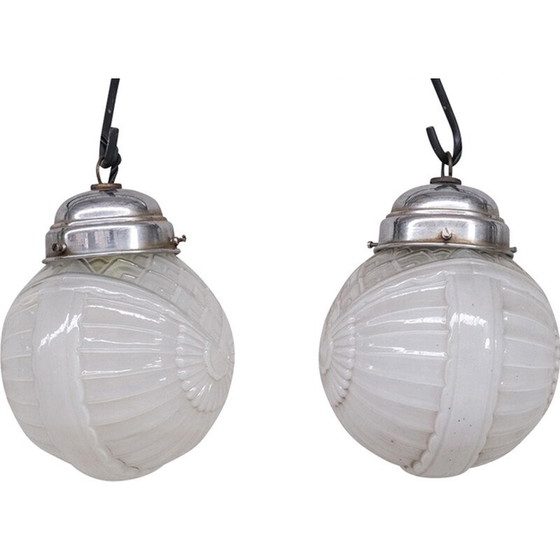 Image 1 of Pair of vintage glass Art Deco pendant lamps, France 1930s