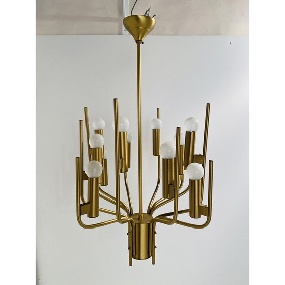 Image 1 of 1x Vintage Italian Brass Chandelier by Oscar Torlasco for Stilkronen, 1950s
