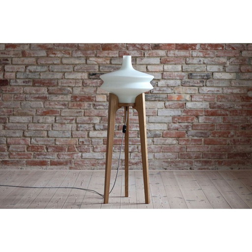 Vintage white glass and wood floor lamp by ULUV, Czechoslovakia 1960