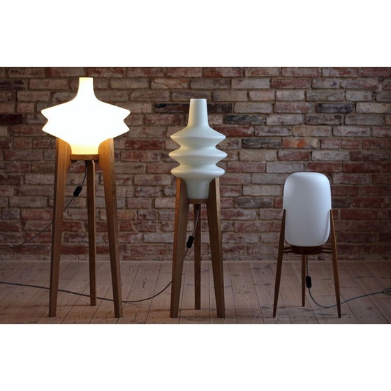 Image 1 of Vintage white glass and wood floor lamp by ULUV, Czechoslovakia 1960