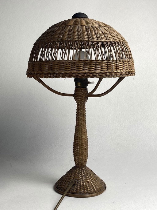 Art Deco Rattan And Wicker Mushroom Table Lamp, 1930S