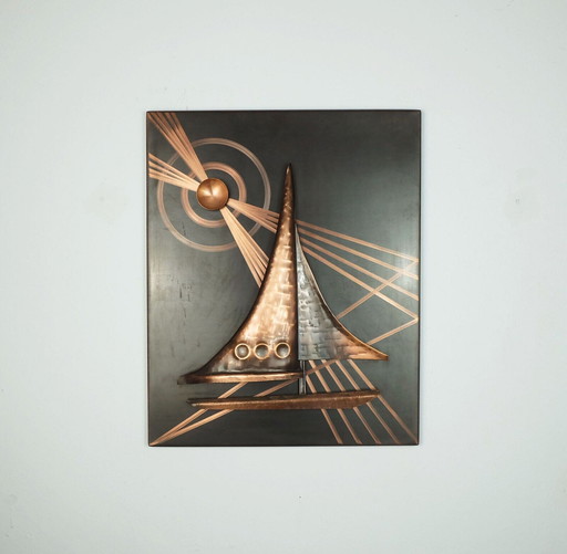 relief picture copper sailboat sun vintage 1950s