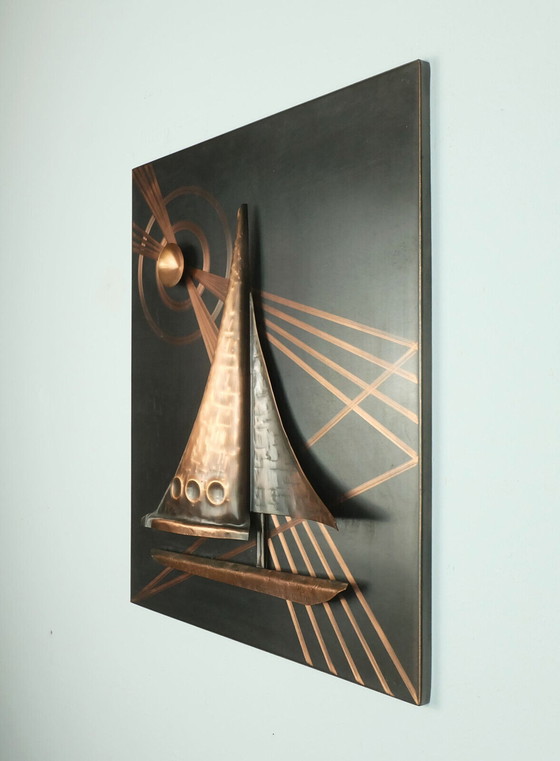 Image 1 of quadro in rilievo in rame con barca a vela e sole, vintage anni '50