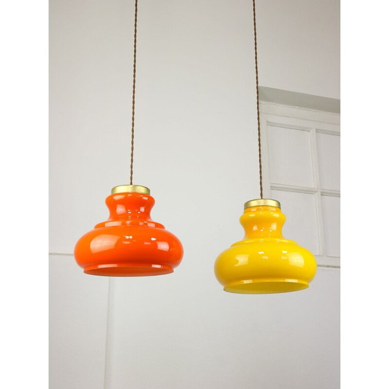 Image 1 of Pair of vintage brass and glass pendant lamps