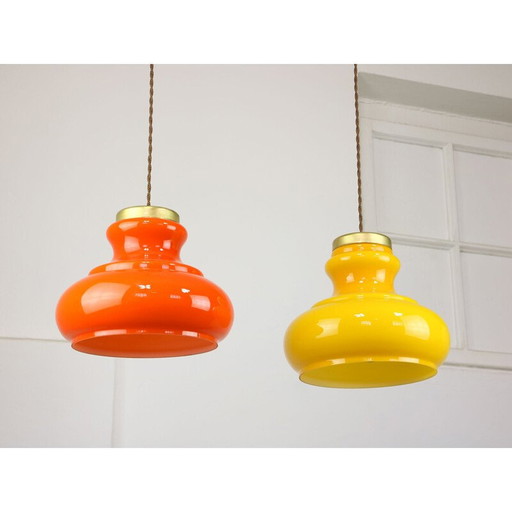 Pair of vintage brass and glass pendant lamps