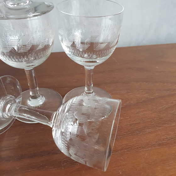 Image 1 of Leerdam Crystal Union Guilloched Wine Port Glasses Greek Key