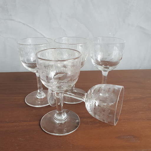 Leerdam Crystal Union Guilloched Wine Port Glasses Greek Key