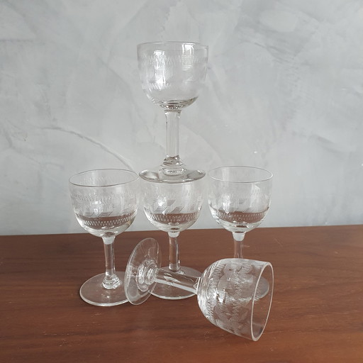 Leerdam Crystal Union Guilloched Wine Port Glasses Greek Key