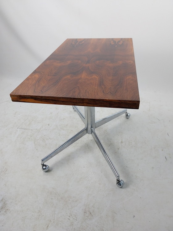 Image 1 of 1 X Side Table/TV Table 1970's Chrome And Wood On Casters