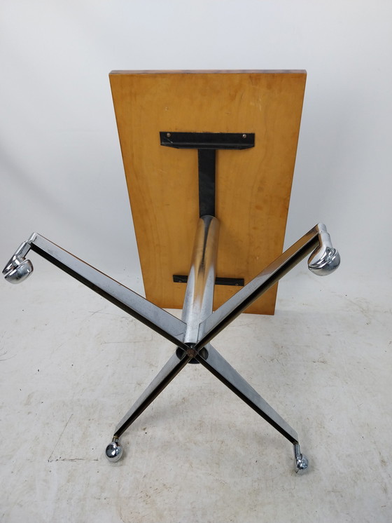 Image 1 of 1 X Side Table/TV Table 1970's Chrome And Wood On Casters