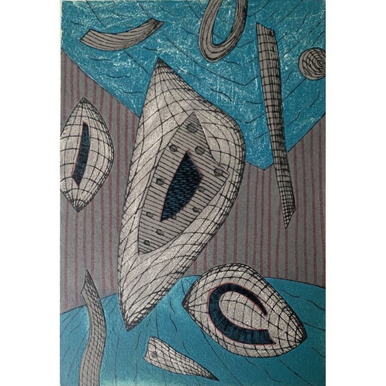 Image 1 of Incisione vintage blu e grigia di Henri Goetz, 1970