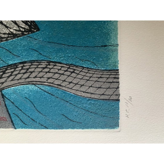 Image 1 of Incisione vintage blu e grigia di Henri Goetz, 1970