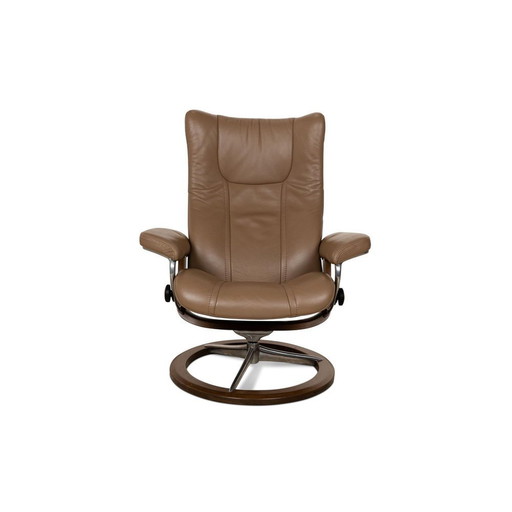 Wing Lounge Chair with Stool in Brown Leather from Stressless, Set of 2