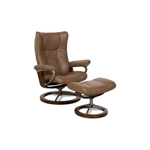 Wing Lounge Chair with Stool in Brown Leather from Stressless, Set of 2