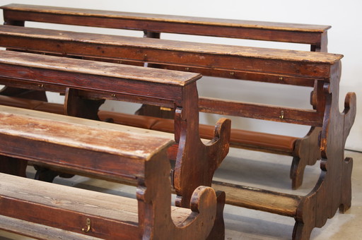 Antique Gothic Church Benches, Late 1800S – Set Of 4 Pine Wood Pew Benches