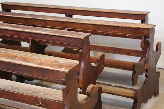 Image 1 of Antique Gothic Church Benches, Late 1800S – Set Of 4 Pine Wood Pew Benches