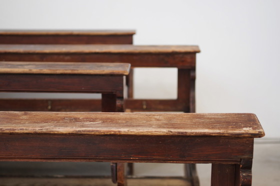 Image 1 of Antique Gothic Church Benches, Late 1800S – Set Of 4 Pine Wood Pew Benches