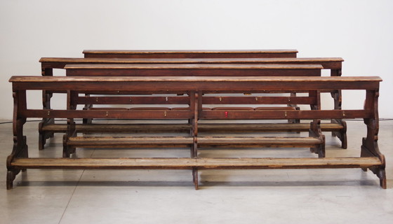 Image 1 of Antique Gothic Church Benches, Late 1800S – Set Of 4 Pine Wood Pew Benches