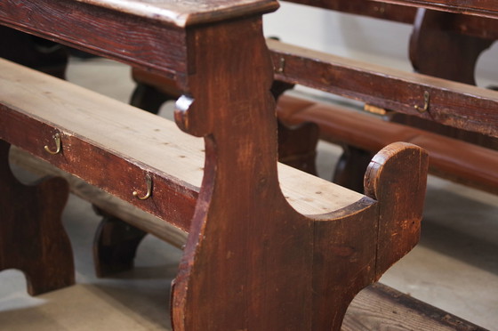 Image 1 of Antique Gothic Church Benches, Late 1800S – Set Of 4 Pine Wood Pew Benches